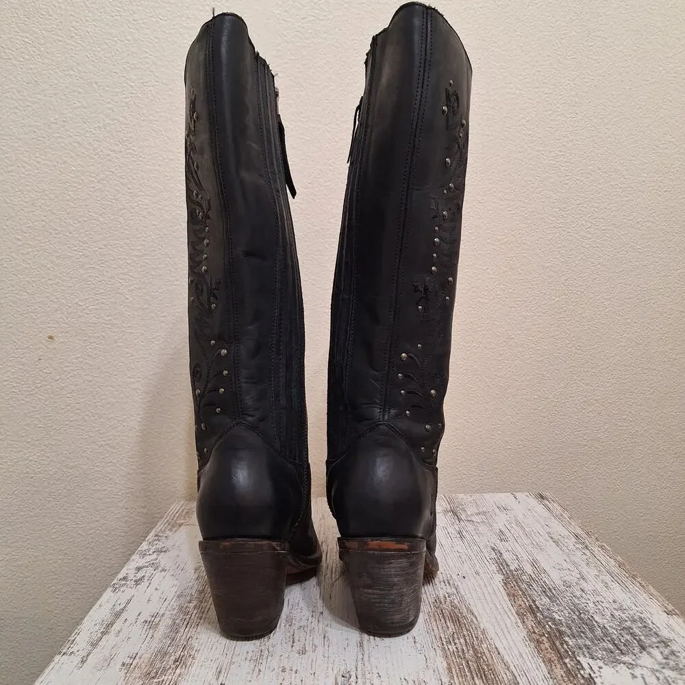 Justin Reba Queen Western Black Leather Studded Square Toe Boot Womens 7